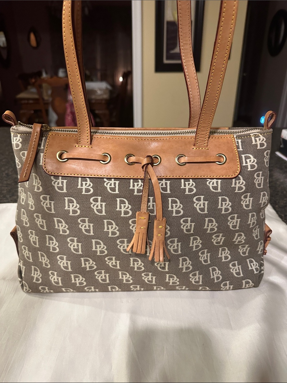 Dooney & Bourke Signature DB MonogramBrown Canvas Zip Top Tassel Tote